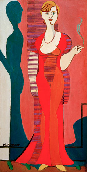 Femme blonde avec robe rouge. Portrait d'Elisabeth Hembus à Ernst Ludwig Kirchner